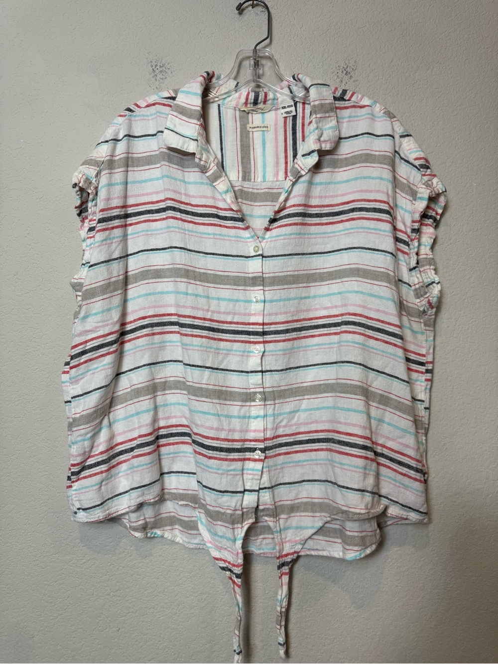 Weatherproof Vintage Washable Linen Striped Button-Down Tie-Hem Top Coastal XXL